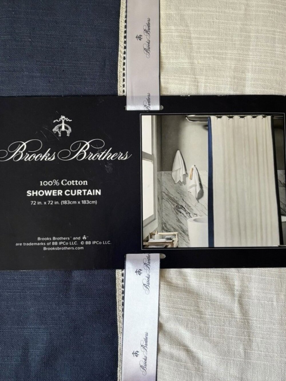 NEW Brooks Brothers Shower Curtain 72 X 72 Ivory Navy Blue 100% Cotton Classic